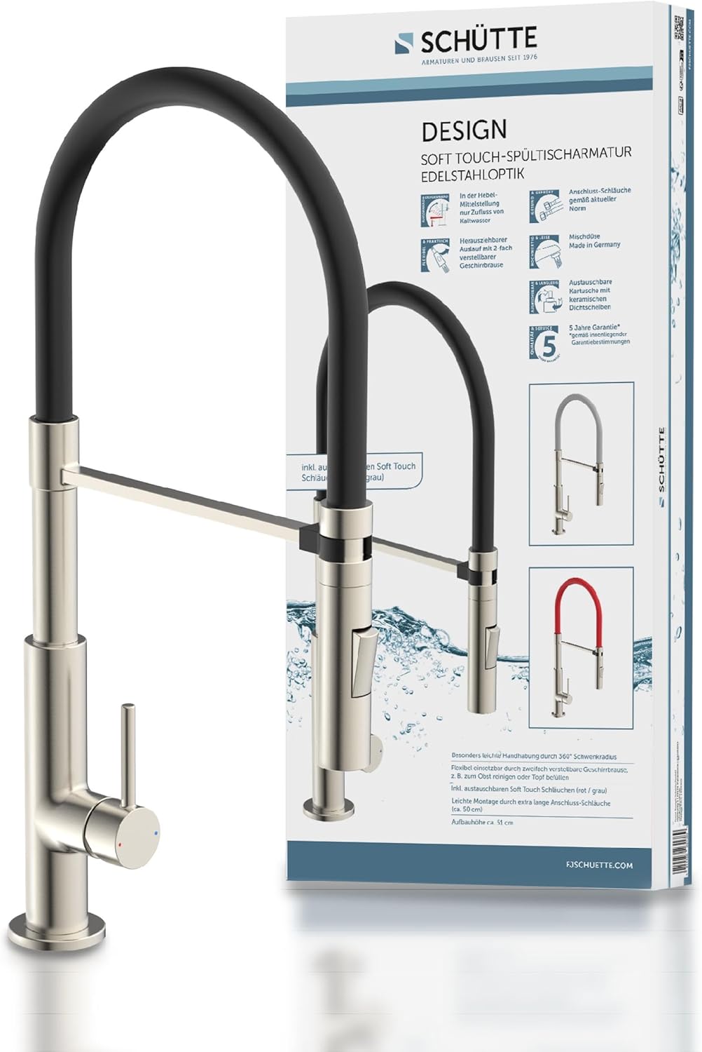 Schütte 23138 Design Spültischarmatur mit auswechselbaren Soft Touch Schlauch, 360 Grad schwenkbarer