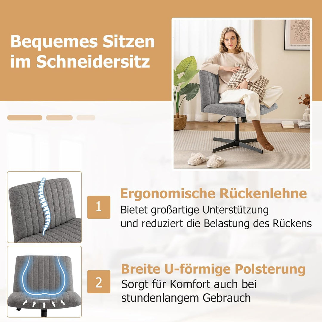 COSTWAY Schneidersitz Stuhl, Drehstuhl ohne Armlehnen, Schreibtischstuhl mit breiter Sitzfläche, Bür