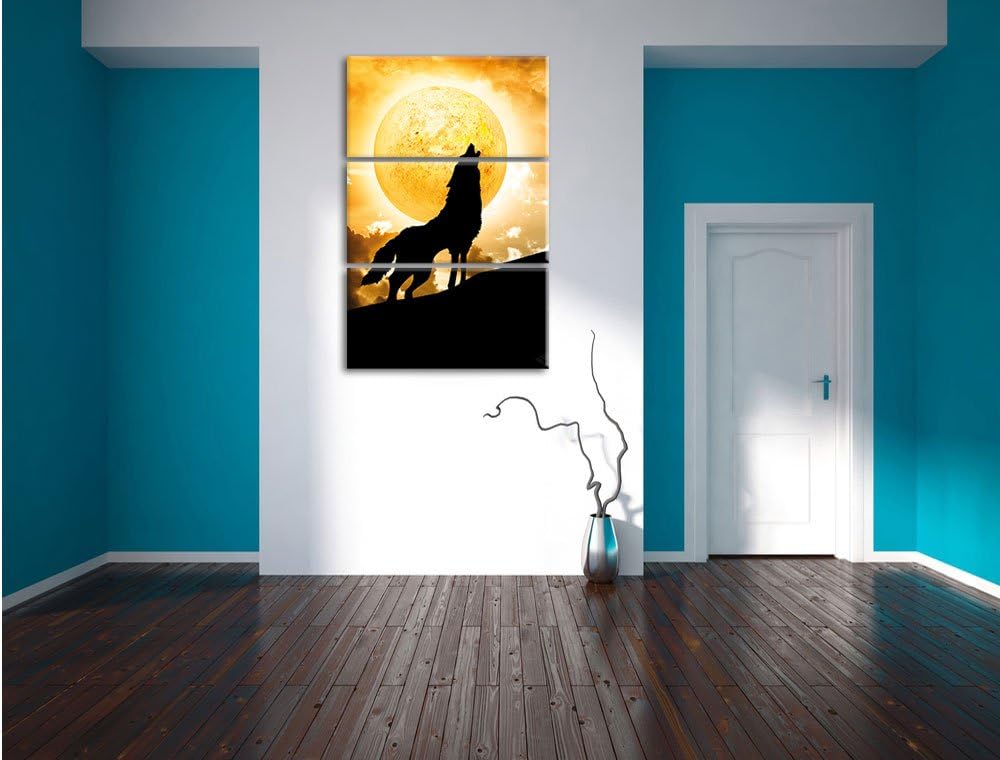 Pixxprint Wolf heult Mond an als Leinwandbild/Grösse: 3 Teilig (120x80) / Wandbild/Kunstdruck/fertig