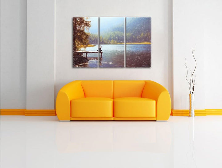 Pixxprint Yoga am See / 3-Teilig/Gesamtmass 120cm Leinwandbild bespannt auf Holzrahmen/Wandbild Kuns