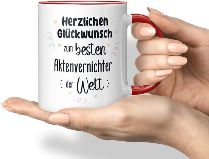 JUNIWORDS Tasse, Herzlichen Glückwunsch zum besten Aktenvernichter der Welt, Rot (7623843), Rot