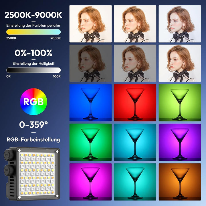 Videolicht RGB, ULANZI LE20 Kamera Foto Licht, 20W Videoleuchte mit 5000 mAh Akku, 2500K-9000K dimmb