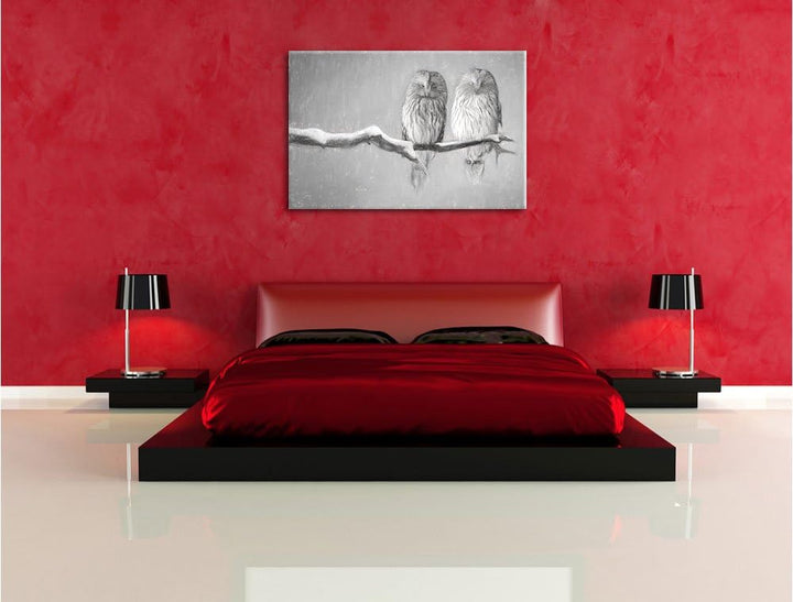Pixxprint Zwei Eulen in Winterlandschaft Kunst Kohle Effekt, Format: 100x70 auf Leinwand, 100x70