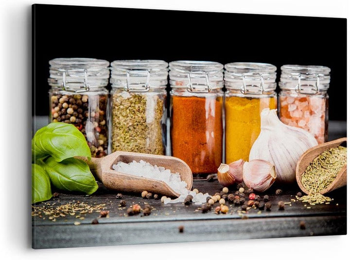 Bilder auf Leinwand 100x70cm Leinwandbild Gewürze Knoblauch Holz Salz Gross Wanddeko Bild Schlafzimm