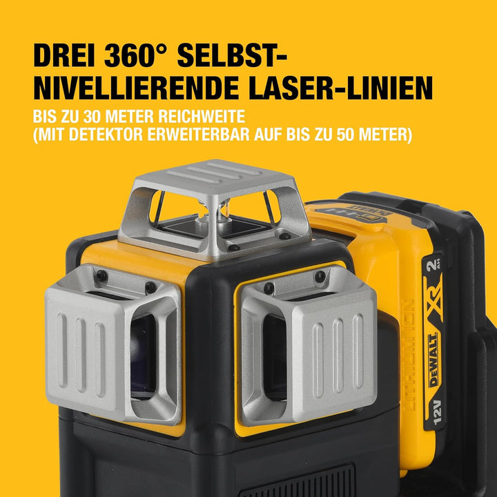 Dewalt Linienlaser (selbstnivellierender 3x360°,10,8V, 2Ah, manueller Modus ab 4° (Blinkmodus), Arbe