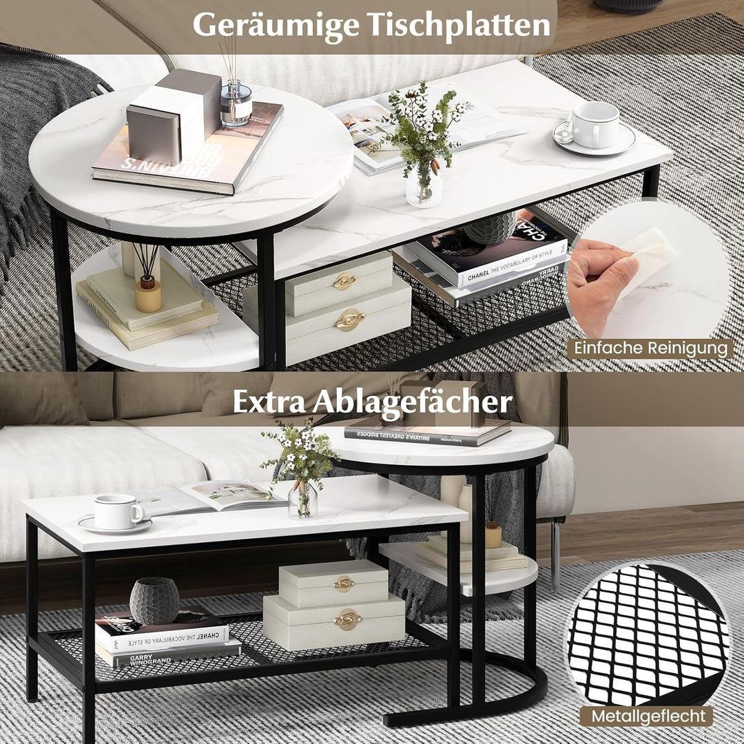 COSTWAY 2er Set Couchtisch, Beistelltisch Marmor Optik mit Metallrahmen & Ablage, Kaffeetisch Wohnzi