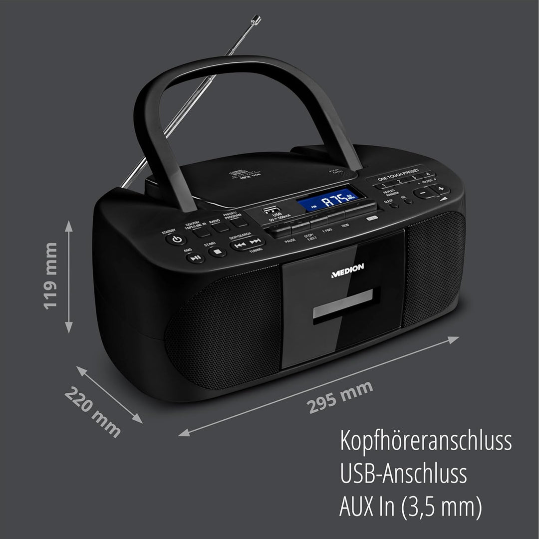 MEDION E65010 Stereoradio (CD-Player, Kassette, USB Anschluss, AUX Audioeingang, MP3-Widergabe. UKW