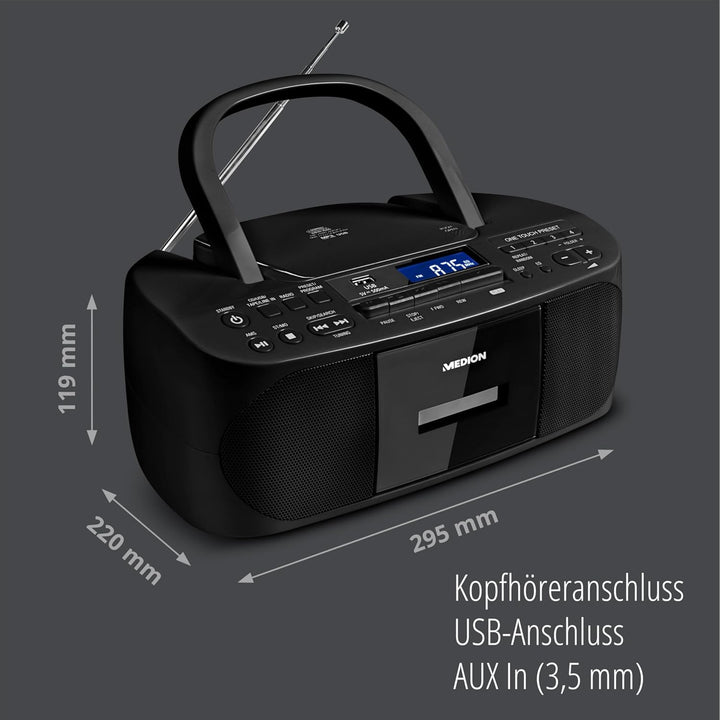 MEDION E65010 Stereoradio (CD-Player, Kassette, USB Anschluss, AUX Audioeingang, MP3-Widergabe. UKW