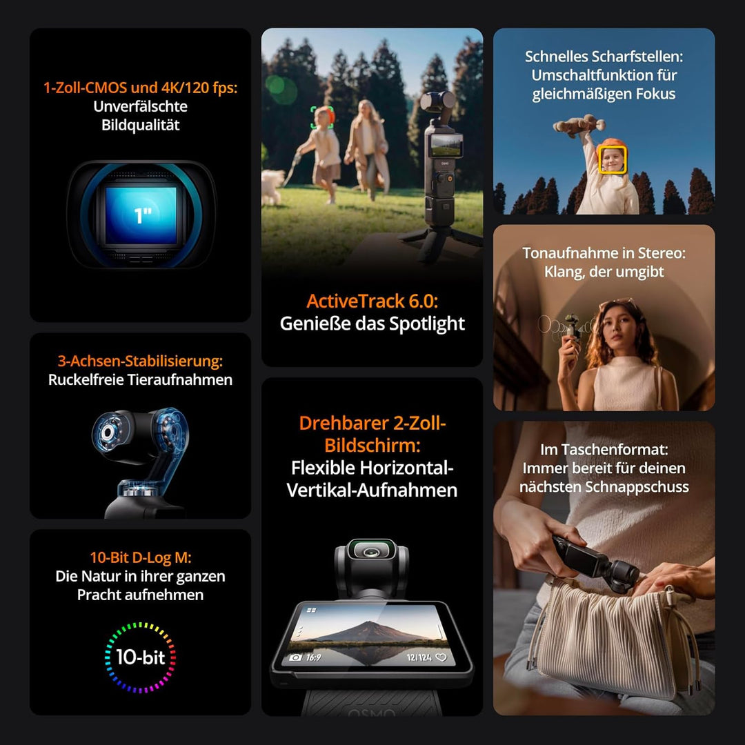 DJI Osmo Pocket 3, Vlogging-Kamera mit 1-Zoll-CMOS und 4K/120 fps Video, 3-Achsen-Stabilisierung, sc