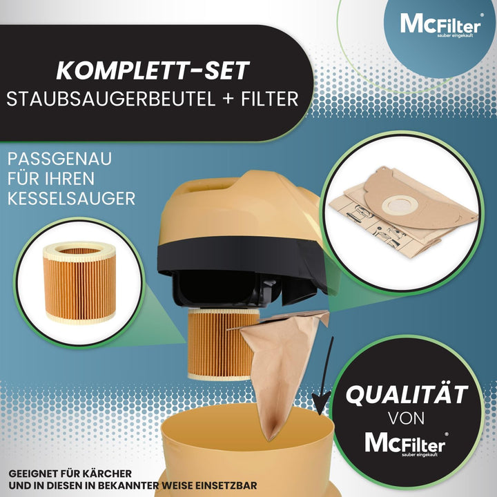 McFilter | 10 Staubsaugerbeutel + 1 Filter geeignet für Kärcher Staubsauger A2003, A2004, A2014 CarV