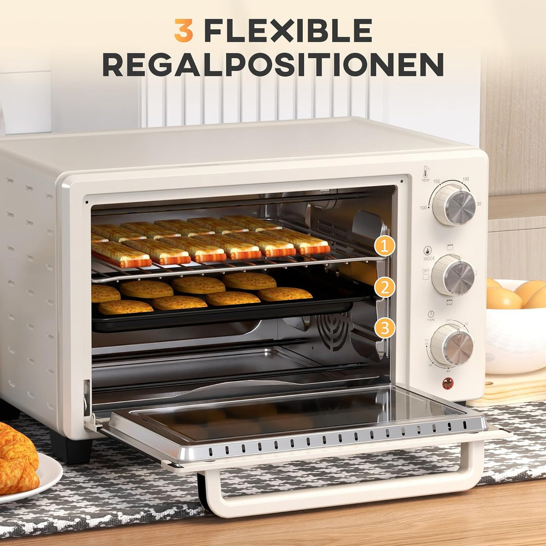 HOMCOM Mini Backofen 21L Pizza-Ofen, Miniofen inkl. Backblech, Grillrost und Krümmelblech, 1400W Tis