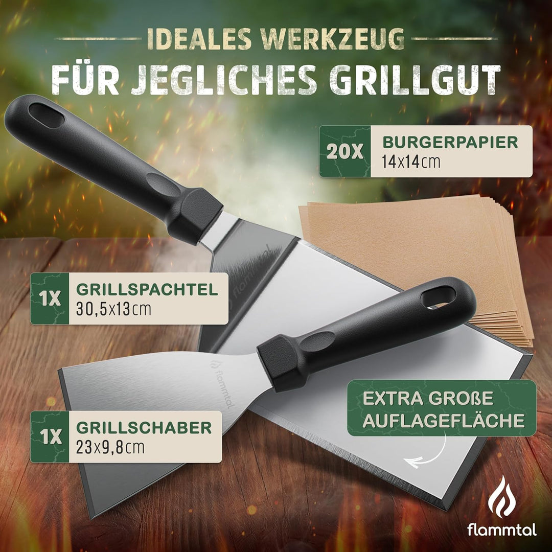 flammtal Grillspachtel Set aus Edelstahl - Hochwertiger Plancha Spachtel inkl. 20x Burgerpapier fรผr