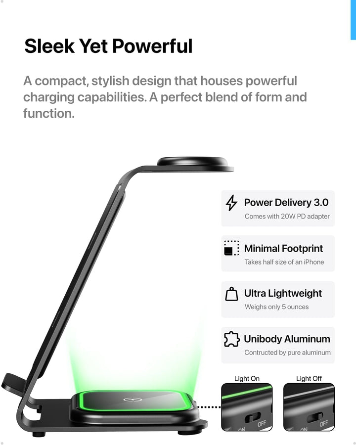 Intoval Kabellose Ladestation, 3-in-1-Ladegerät für Apple, iPhone/iWatch/Airpods, iPhone15,14,13,12