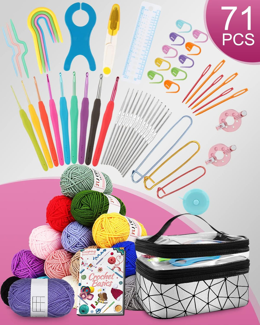 Coopay Häkelset für Anfänger, 71 Stück Häkelnadel Set mit Tasche und Wolle, Prämie Häkel Set mit Str