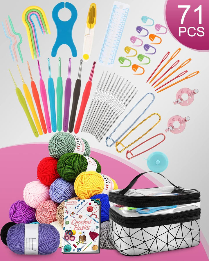 Coopay Häkelset für Anfänger, 71 Stück Häkelnadel Set mit Tasche und Wolle, Prämie Häkel Set mit Str