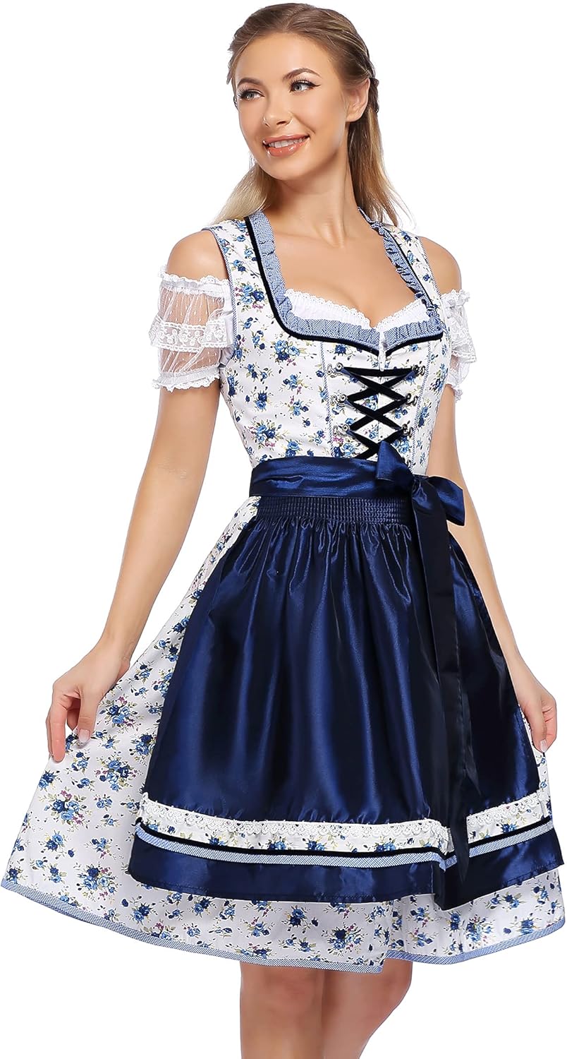 KOJOOIN Trachtenkleid Damen Dirndl Kurz Midi 3tlg. für Oktoberfest-DREI Teilig: Kleid, Bluse, Schürz