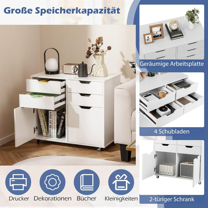 COSTWAY Rollcontainer mit 4 Schubladen und 2 Türen, Aktenschrank mit Rollen, Druckerständer, Bürosch