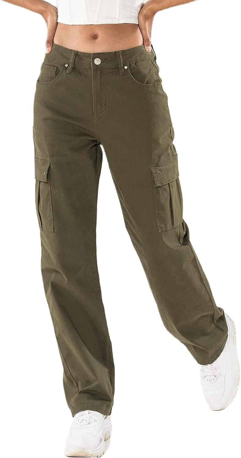 Nina Carter Q1885 Damen Cargo Jeans High Waist Cargohose Stretch Straight Leg Hose S Khaki (Q1885-2)