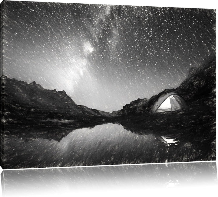 Pixxprint Zelten unter tausenden Sternen / 100x70cm Leinwandbild bespannt auf Holzrahmen/Wandbild Ku