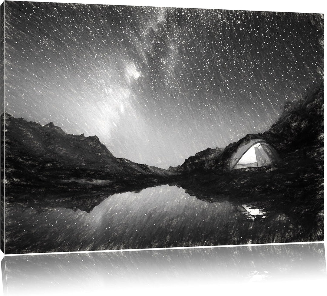 Pixxprint Zelten unter tausenden Sternen / 100x70cm Leinwandbild bespannt auf Holzrahmen/Wandbild Ku