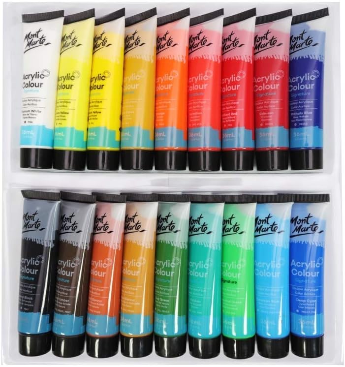 Mont Marte Acrylfarben Set Premium โ 18 x 36ml โ Ideal fรผr Acrylmalerei โ Brillante Lichtechte Farbe