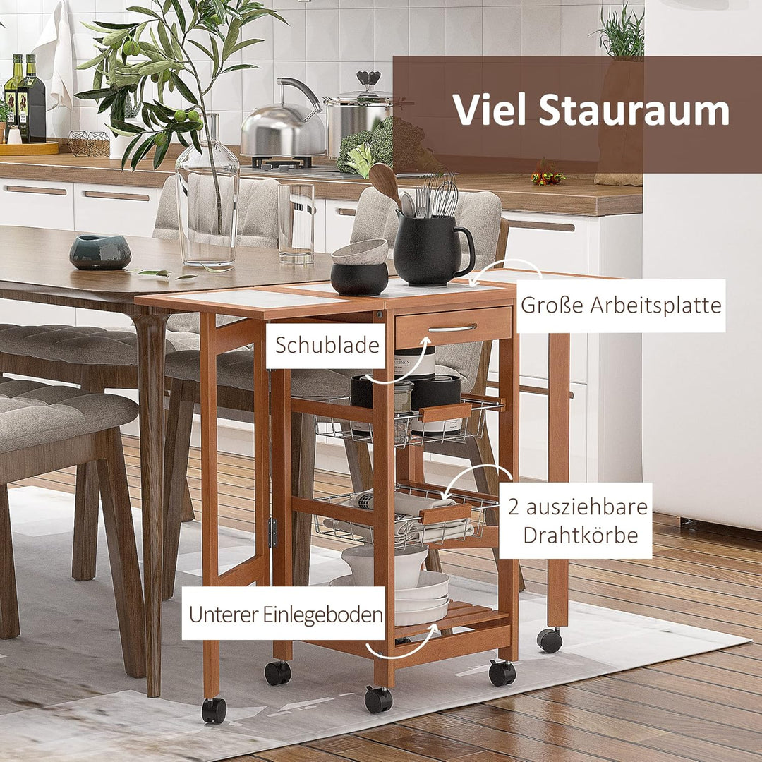 HOMCOM Küchenwagen, Servierwagen mit klappbarer Tischplatte, Rollwagen, Küchentrolley Küchenrollwage