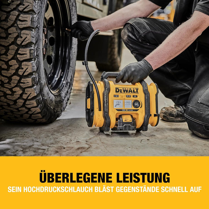 Dewalt Akku-Kompakt-Kompressor (12V-Anschluss oder 18V Akku, 11 bar, für Fahrrad- und Autoreifen, Ro