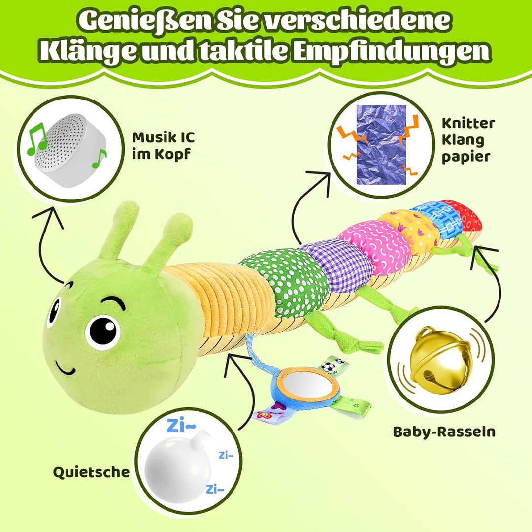 Herenear Baby Musical Raupe Kuscheltier, Raupe Plüschtier Spielzeug mit Lineal, Greifling zum Rassel