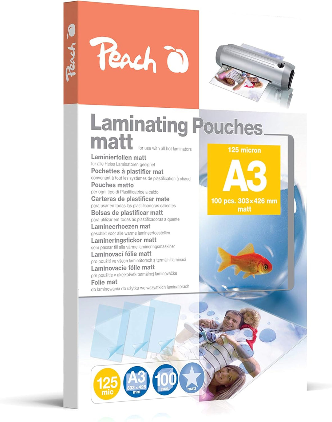 Peach Laminierfolien A3 - 125 mic - 100 pouches - matt - beschreibbar - Premiumqualität für beste La