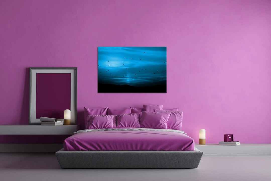 deyoli Vögel fliegen in den Sonnenuntergang Format 80x60 Effekt: Monocrome Blau als Leinwandbild, Mo