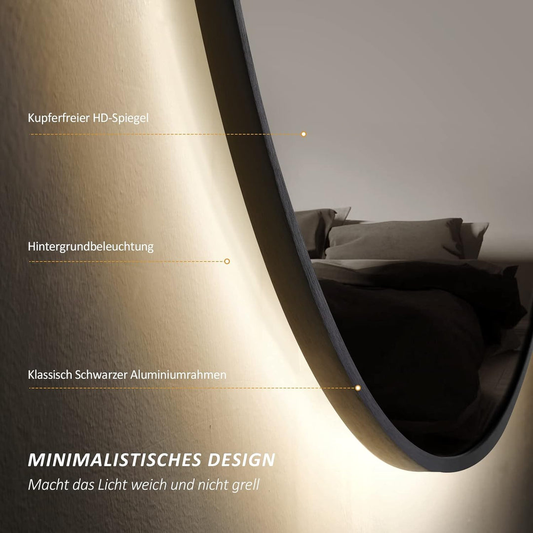 EMKE LED Badspiegel Rund Spiegel mit Beleuchtung ф70cm Badspiegel Schwarzer Rand Badezimmerspiegel m