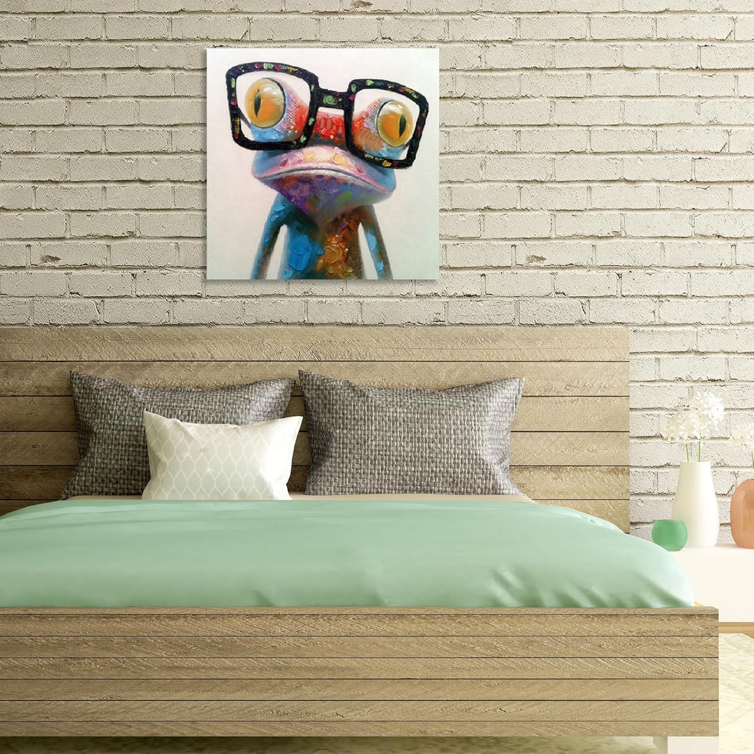Fokenzary handgemaltes Ölgemälde auf Leinwand niedlicher Frosch mit Brille fertig gespannt und gerah