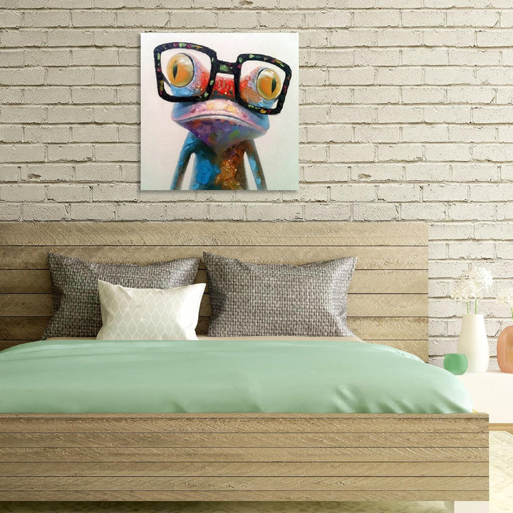 Fokenzary handgemaltes Ölgemälde auf Leinwand niedlicher Frosch mit Brille fertig gespannt und gerah