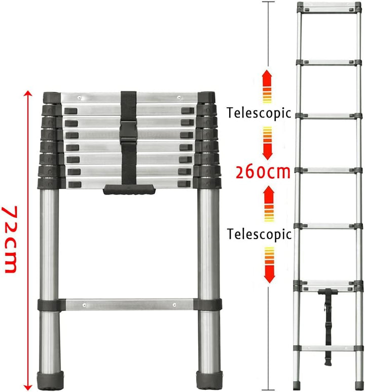 2.6m Teleskopleiter aus hochwertigem Edelstahl, 9 Stufen Ausziehleiter Rutschfester Klappleiter Steh