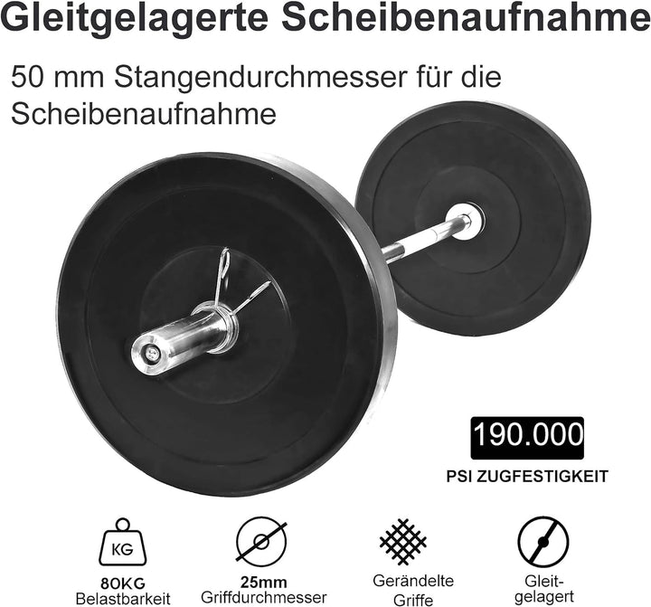 wuuhoo® Langhantelstange Sergio – 150cm Hantelstange 50mm bis 80 KG, olympische Scheibenaufnahme, La