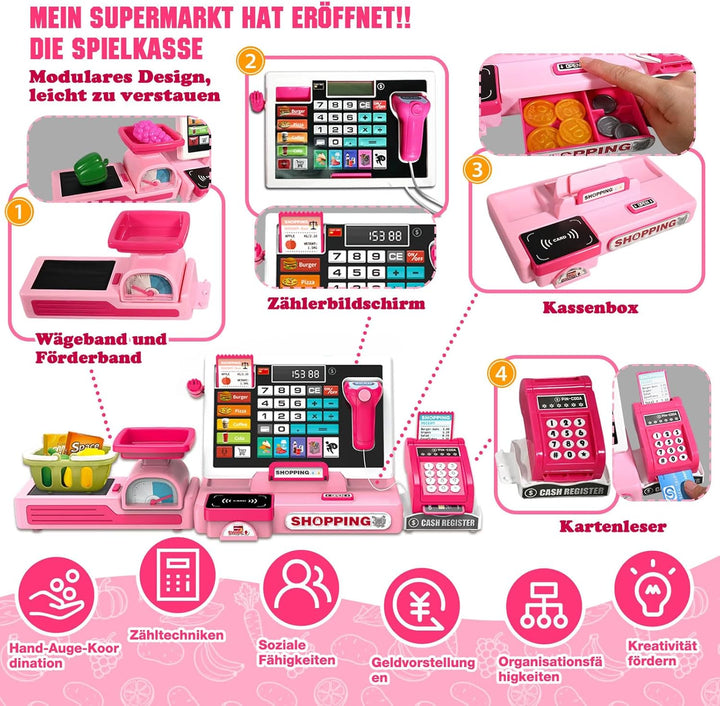 HILKKET Kasse Kinder Spielzeug, Kinderkasse mit Scanner, Sound, Rechnerfunktion, Spielgeld und Zubeh