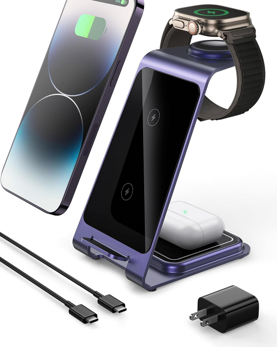 Intoval Kabellose Ladestation, 3-in-1-Ladegerät für Apple, iPhone/iWatch/earpods, iPhone 14,13,12 (P