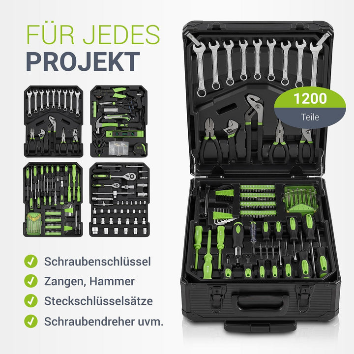 Juskys Werkzeugkoffer - 1200 teilig Werkzeug, Werkzeugtrolley gefüllt, Werkzeugkiste, Set, Rollen