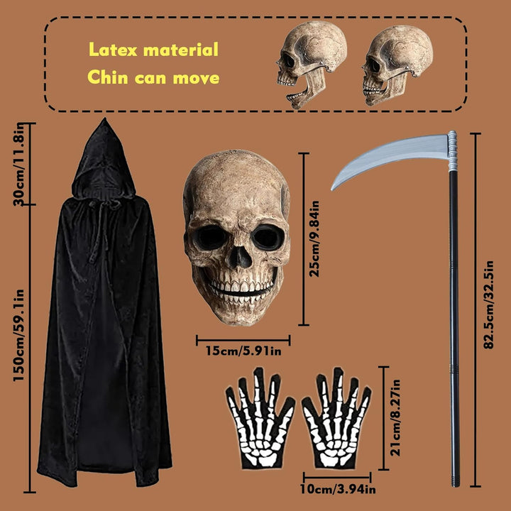 BARVERE Sensenmann Kostüm, Totenkopf Maske Set mit Sensemann Umhang, Halloween Sense und Handschuhe,