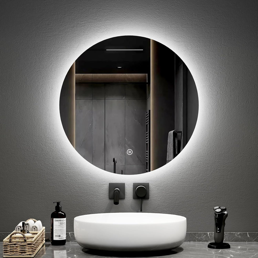 EMKE Badspiegel mit Beleuchtung 60 cm Durchmesser mit dimmbar kaltes weisses Licht 6500K, Speicherfu