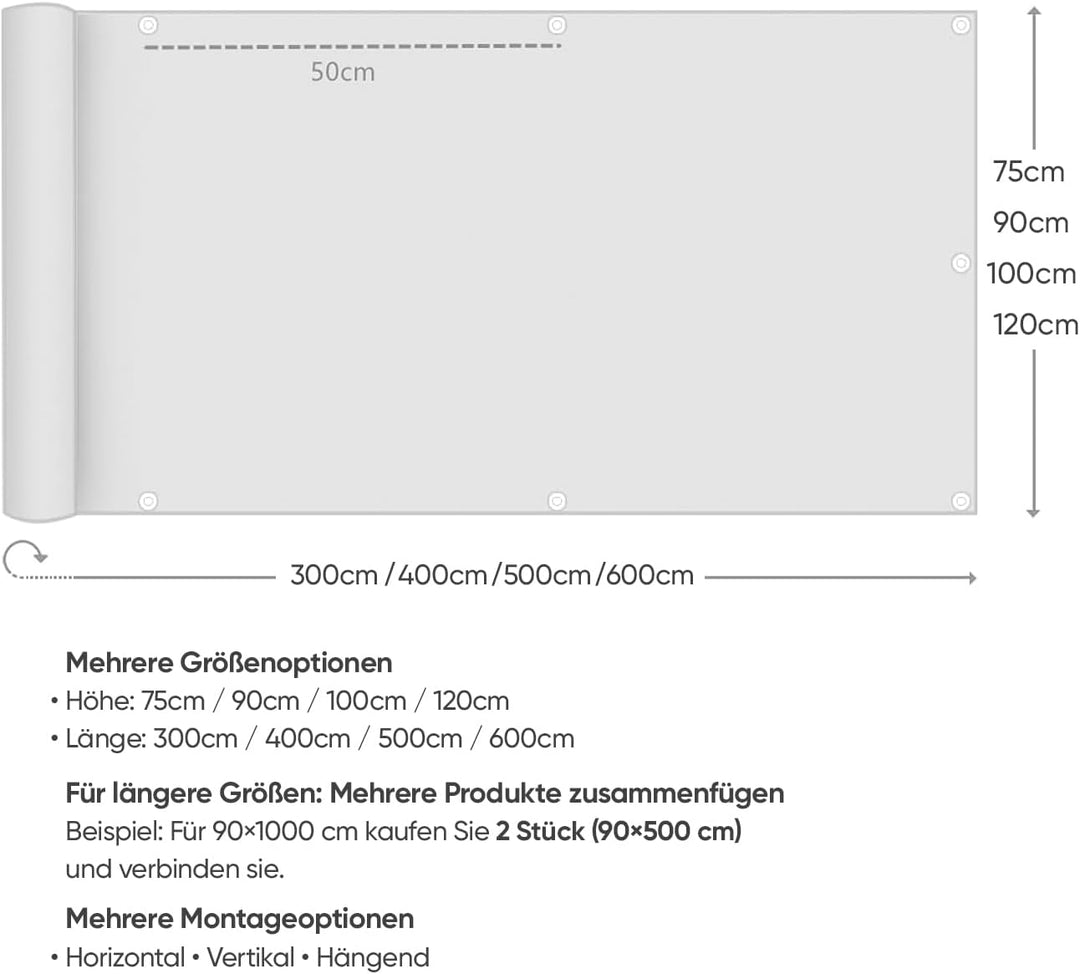 Sekey Balkon Sichtschutz Balkonabdeckung Balkonverkleidung blickdichte Wind- und UV-Schutz, 100% Pri