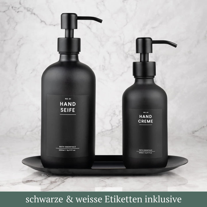 MONOKO 2er Set Seifenspender Schwarz Matt aus Glas mit Tablett | 500/250ml Spülmittelspender Küche |