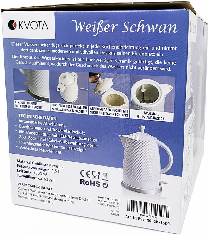 KVOTA Elektrischer Keramik Wasserkocher, Teekessel 1,5 L, 1500W, Noppen-Design, weiss, abnehmbarer