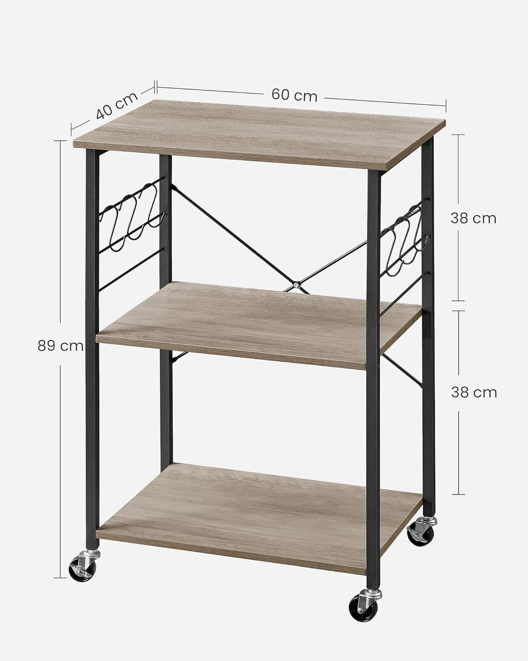 VASAGLE Küchenregal auf Rollen, Servierwagen, 3 Ebenen, Küchenwagen, für Mini-Backofen, Mikrowellen,
