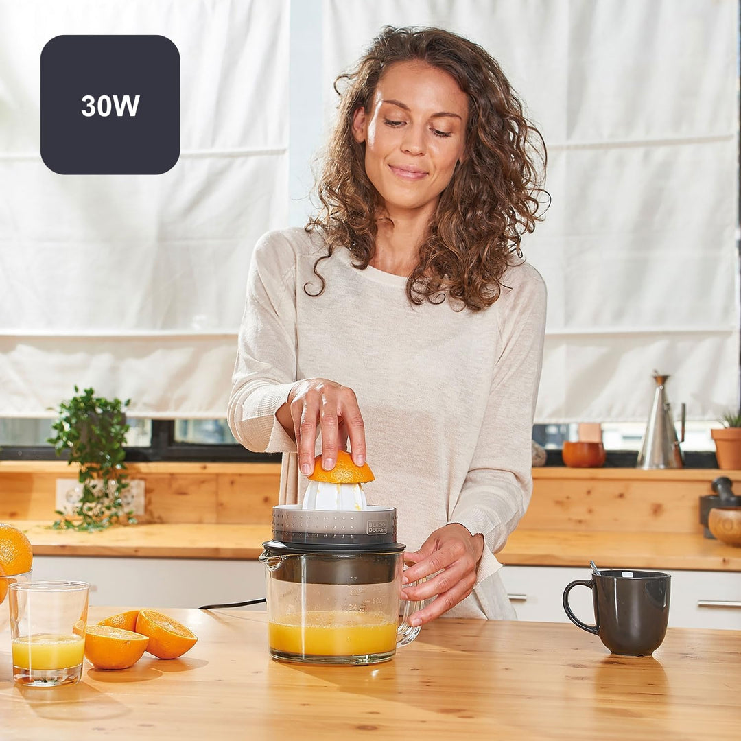 BLACK+DECKER Elektrische Zitruspresse | BXCJ30E | 30W | 1 Liter | Mit Glaskanne | Weiss-Transparent