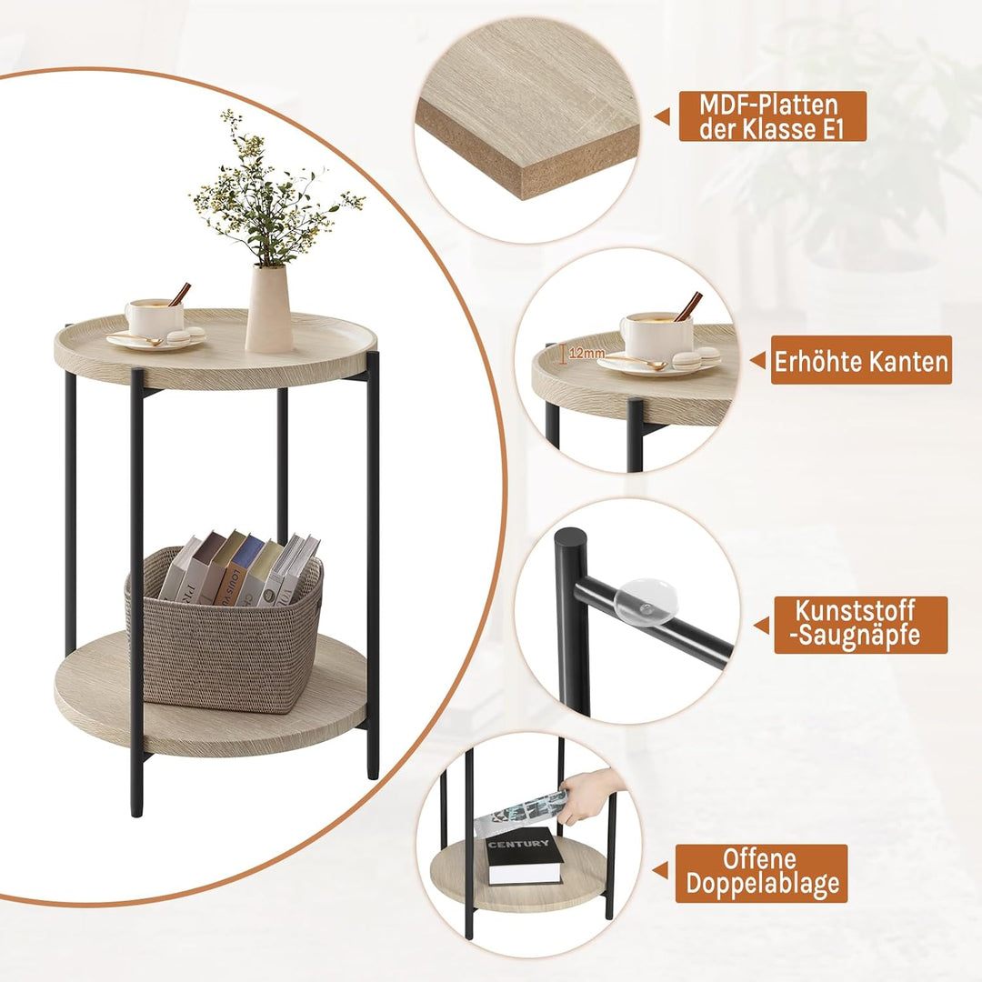 WOLTU Couchtisch rund, Beistelltisch mit 2 Ablagen, Wohnzimmertisch mit Abnehmbarer Tischplatte, Nac