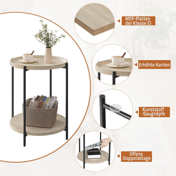 WOLTU Couchtisch rund, Beistelltisch mit 2 Ablagen, Wohnzimmertisch mit Abnehmbarer Tischplatte, Nac