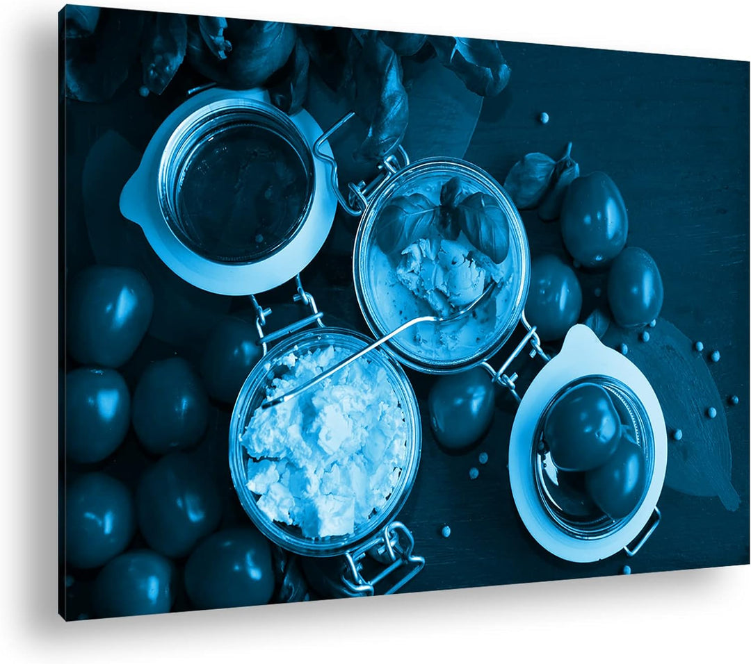 deyoli Tomaten Schafskäse und Basilikum Format 80x60 Effekt: Monocrome Blau als Leinwandbild, Motiv