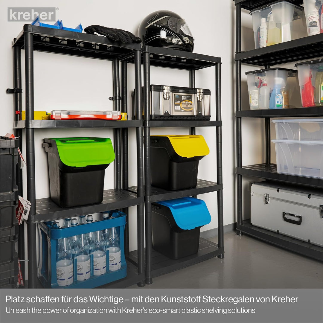 Kreher Kunststoffregal, Steckregal, Kellerregal, 4 Böden, Schwarz, max. 100 kg Traglast. 60 x 30.5 x