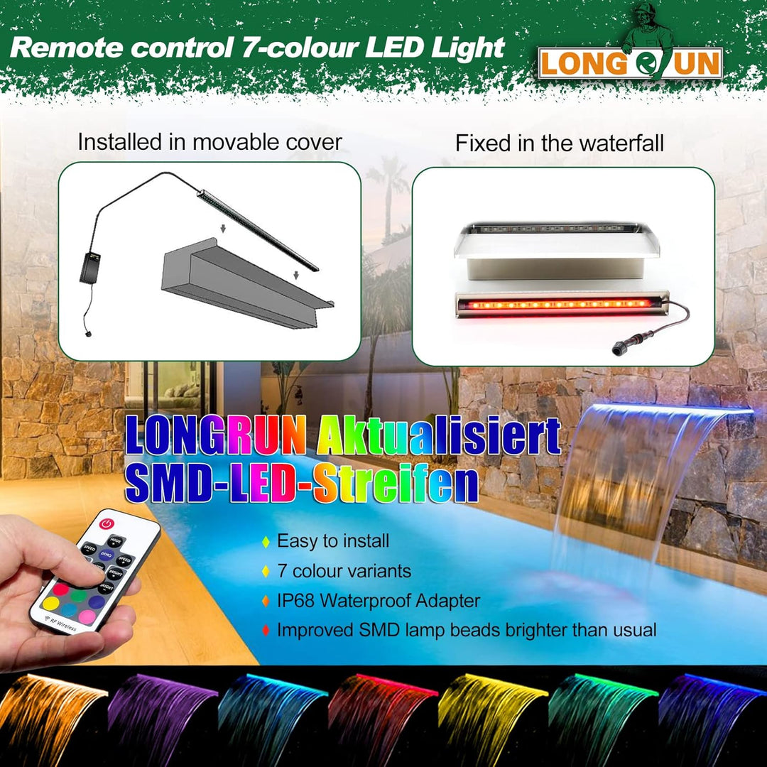 LONGRUN Wasserfall Edelstahl Pool Brunnen, Springbrunnen Garten Wasserfall mit Mehrfarbig LED, Teich